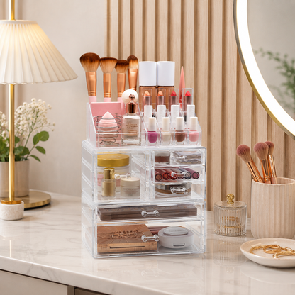 Large Clear Makeup Organizer Set
